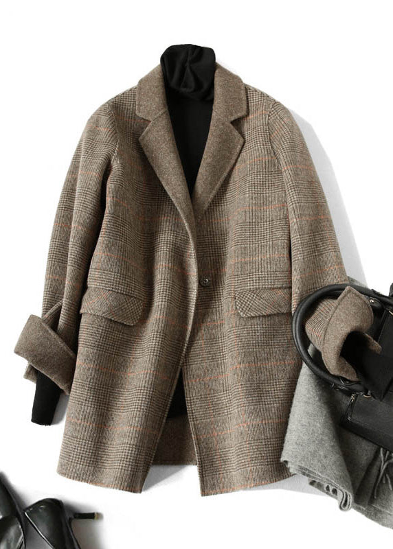 Vintage Schokolade Peter Pan Kragen Plaid Wollmäntel Frühling