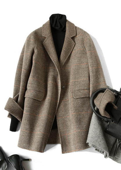 Vintage Schokolade Peter Pan Kragen Plaid Wollmäntel Frühling