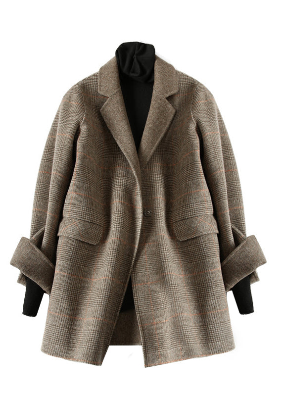 Vintage Schokolade Peter Pan Kragen Plaid Wollmäntel Frühling