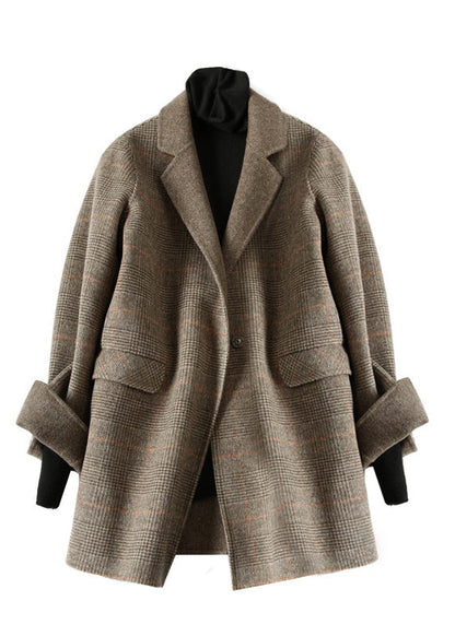 Vintage Schokolade Peter Pan Kragen Plaid Wollmäntel Frühling