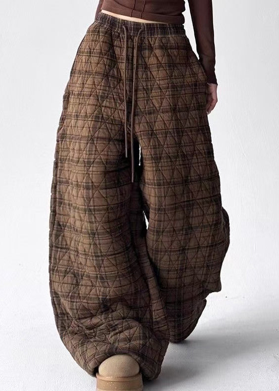 Vintage-Kaffee-Karo-Hosen mit Taschen, elastischem Bund und Baumwollfüllung für den Winter