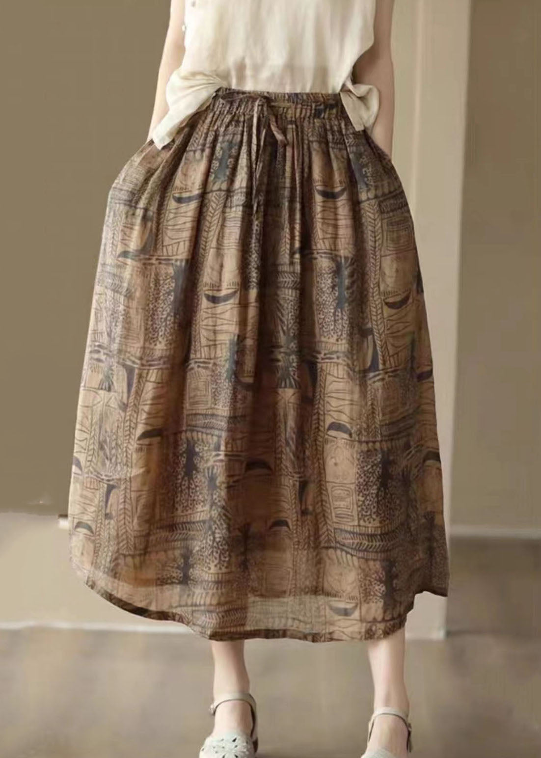 Vintage Kaffee Print Cinched Patchwork Leinen Röcke Sommer