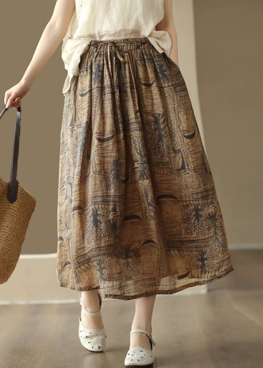 Vintage Kaffee Print Cinched Patchwork Leinen Röcke Sommer