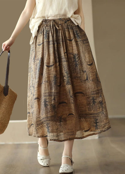 Vintage Kaffee Print Cinched Patchwork Leinen Röcke Sommer