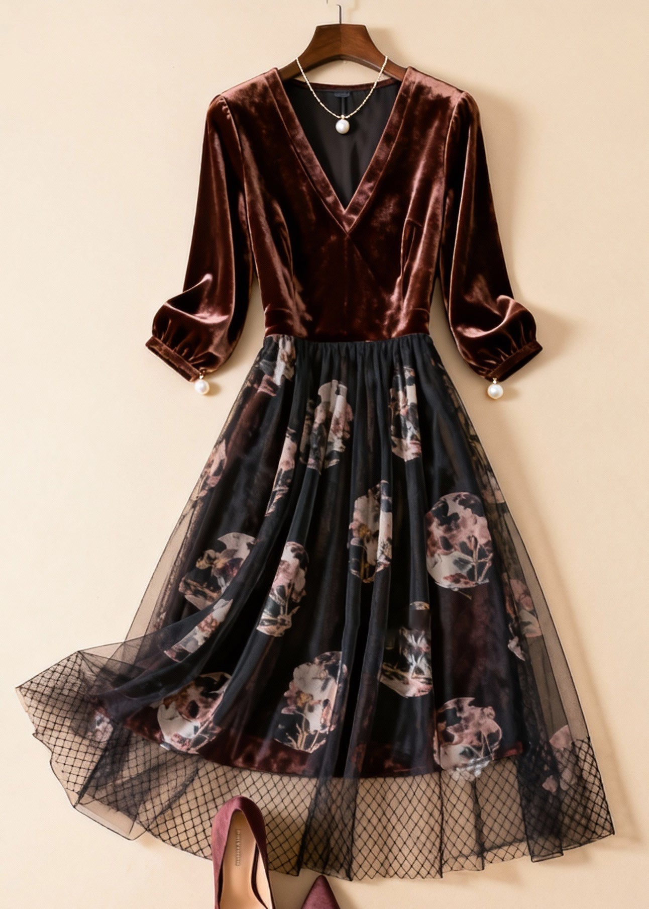 Vintage Coffee Print Pearl Tulle Patchwork Silk Velvet Dresses Bracelet Sleeve