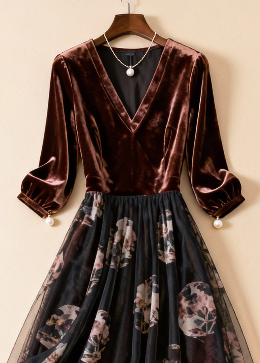Vintage Coffee Print Pearl Tulle Patchwork Silk Velvet Dresses Bracelet Sleeve