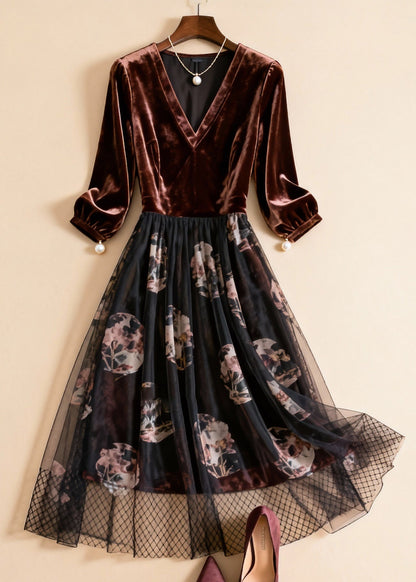 Vintage Coffee Print Pearl Tulle Patchwork Silk Velvet Dresses Bracelet Sleeve