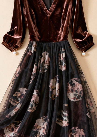 Vintage Coffee Print Pearl Tulle Patchwork Silk Velvet Dresses Bracelet Sleeve