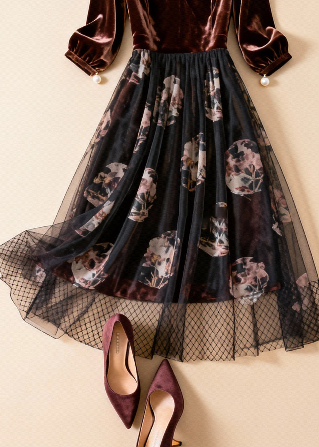 Vintage Coffee Print Pearl Tulle Patchwork Silk Velvet Dresses Bracelet Sleeve