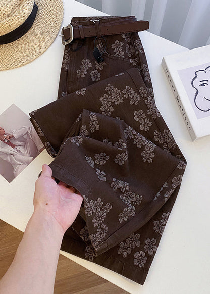 Vintage Jeans mit Kaffeemuster, Taschen, hohem Bund und geradem Schnitt, Frühling