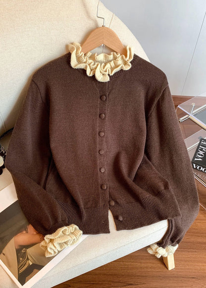 Vintage Coffee Ruffled Button Patchwork Knit Coats Winter