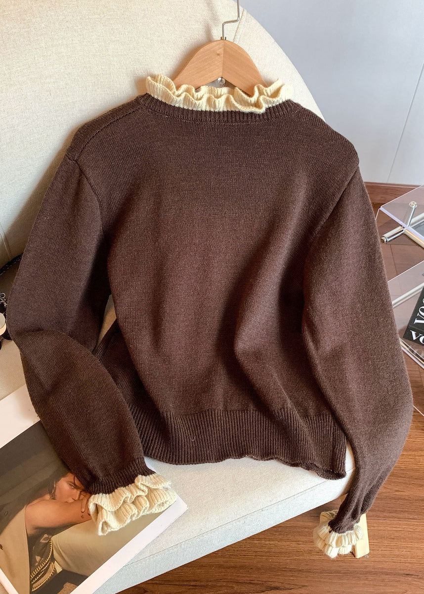 Vintage Coffee Ruffled Button Patchwork Knit Coats Winter