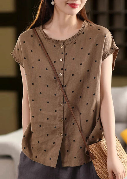 Vintage Coffee Ruffled Dot Linen Shirt Summer