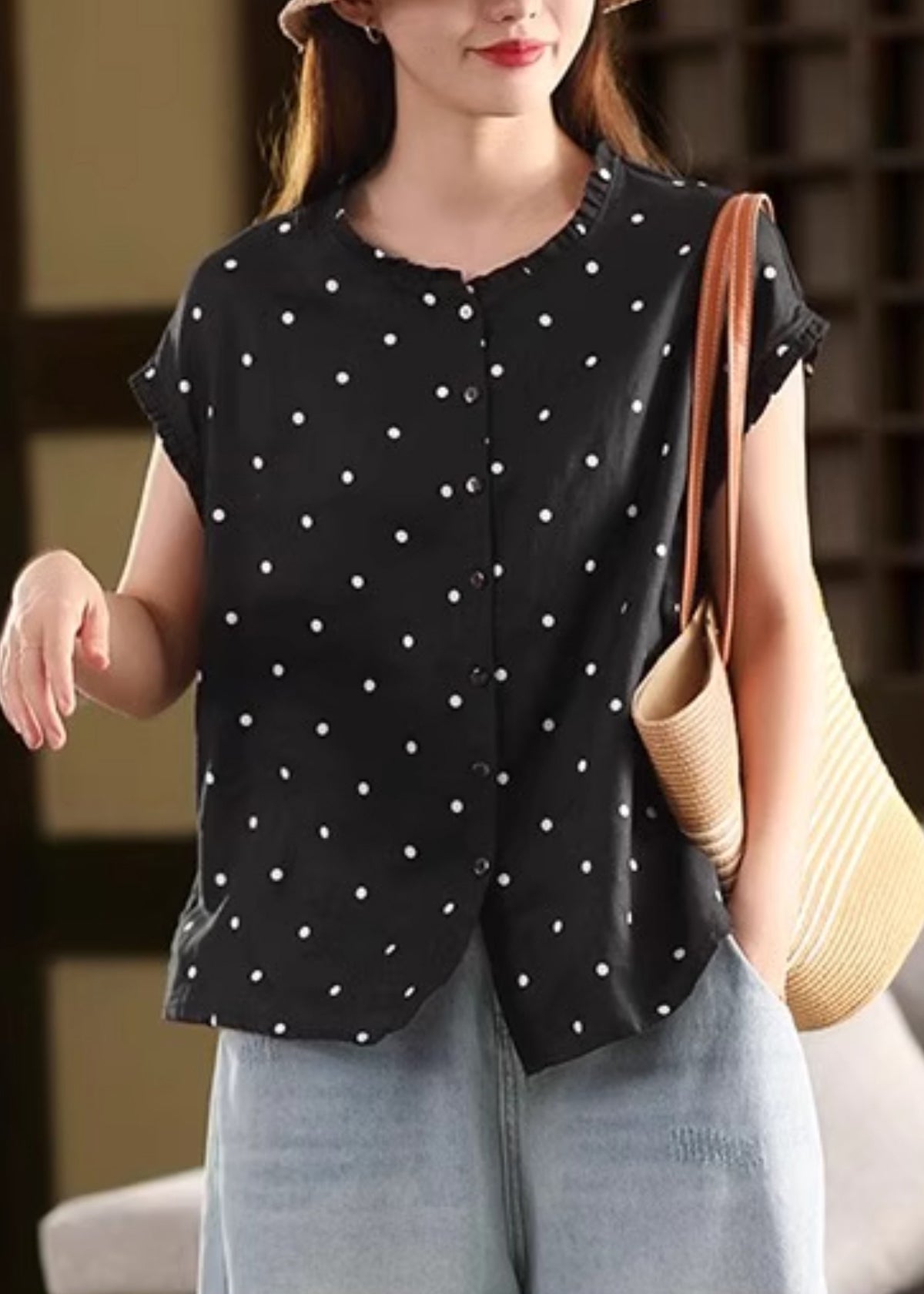 Vintage Coffee Ruffled Dot Linen Shirt Summer