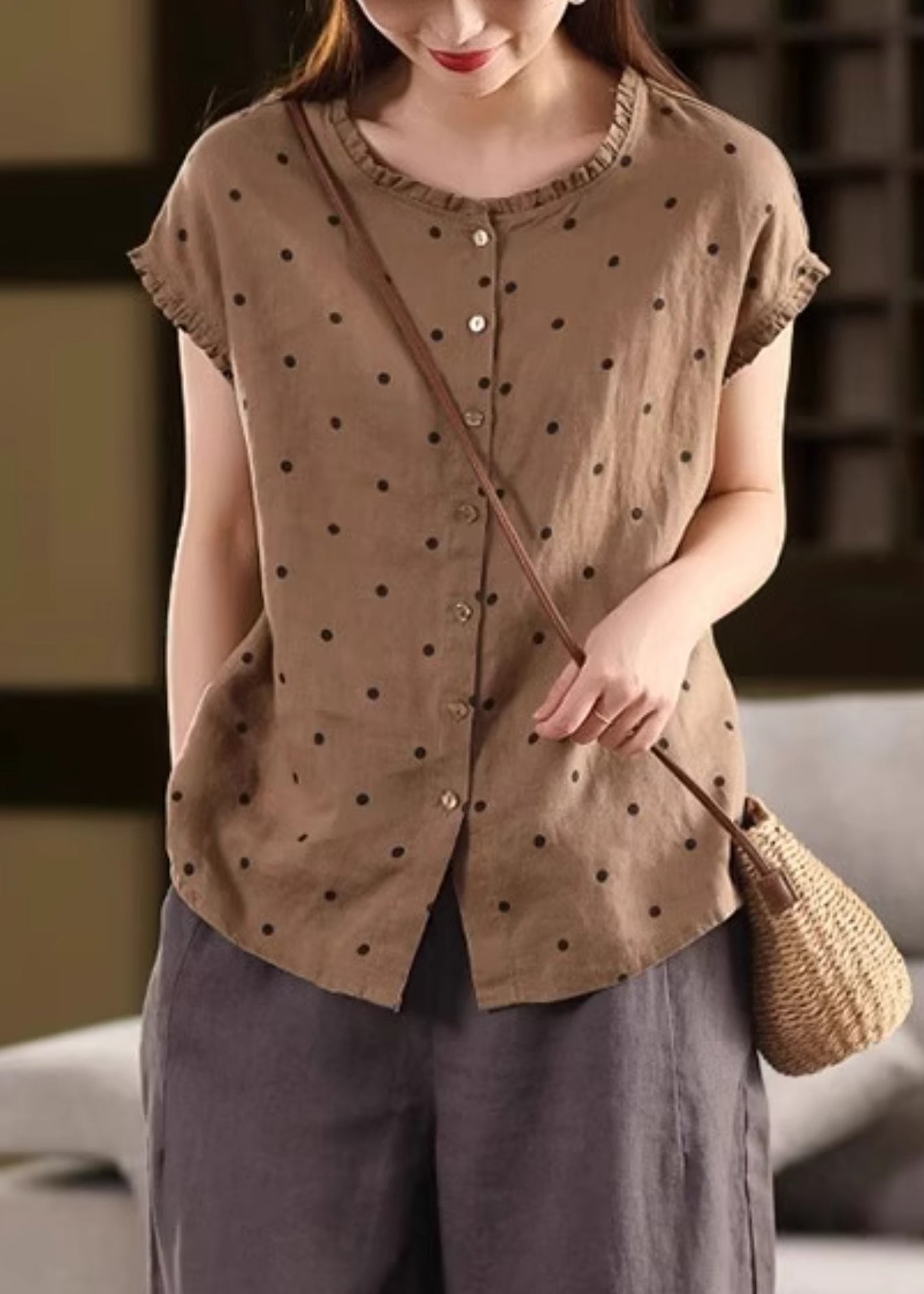Vintage Coffee Ruffled Dot Linen Shirt Summer