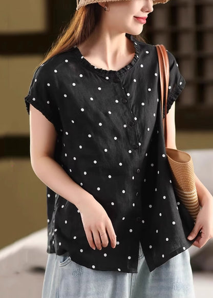 Vintage Coffee Ruffled Dot Linen Shirt Summer