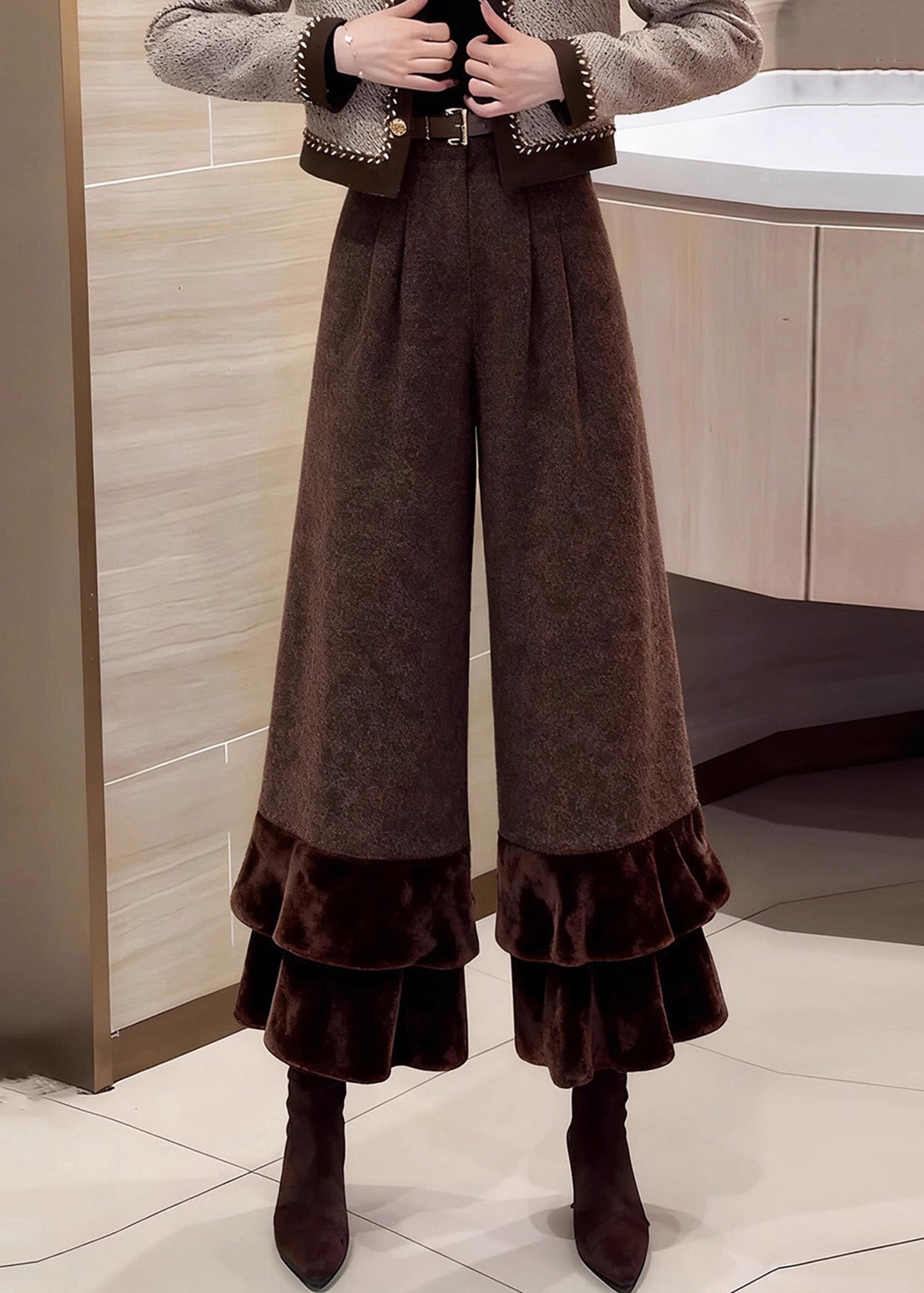 Vintage Coffee Ruffled Patchwork High Waist Woolen Crop Pants Winter