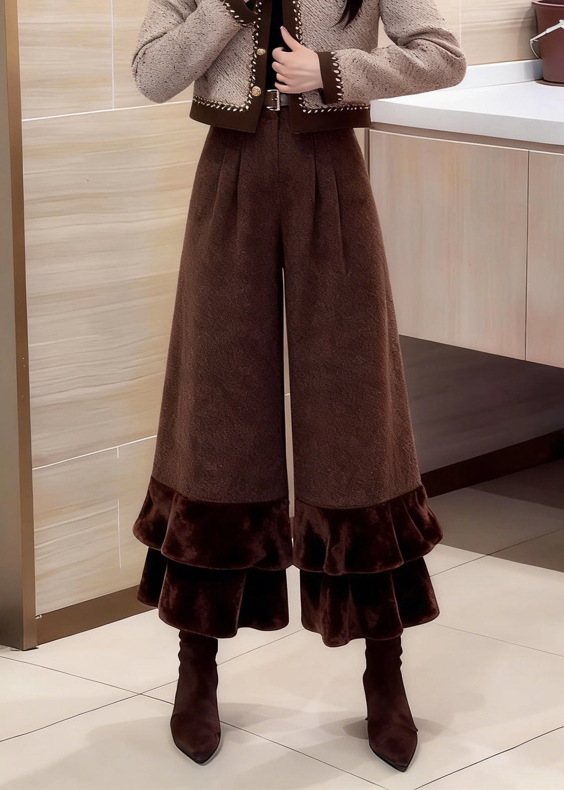Vintage Coffee Ruffled Patchwork High Waist Woolen Crop Pants Winter