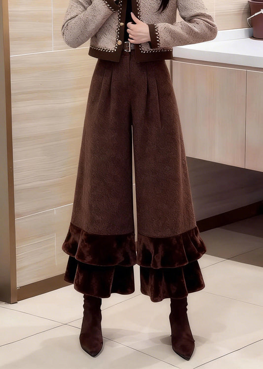 Vintage Coffee Ruffled Patchwork High Waist Woolen Crop Pants Winter