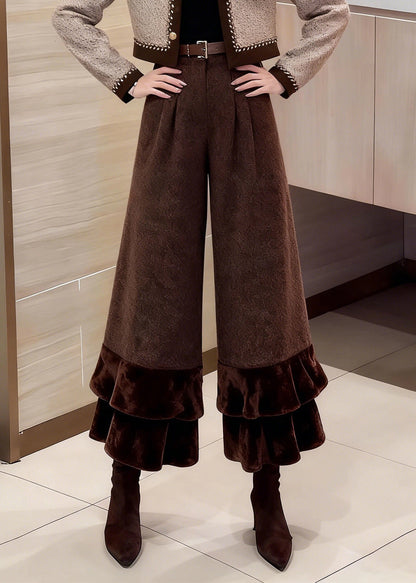 Vintage Coffee Ruffled Patchwork High Waist Woolen Crop Pants Winter