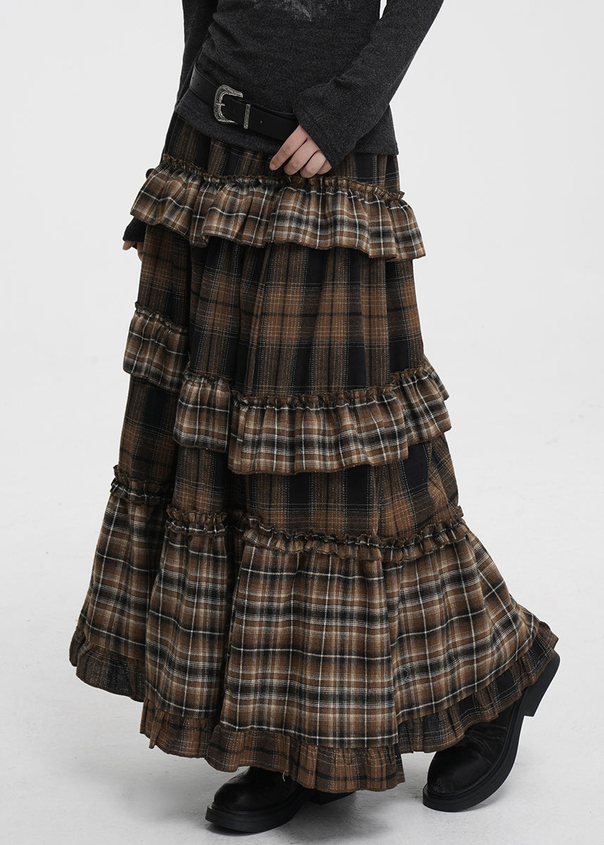 Vintage Coffee Ruffled Plaid Elastic Waist Cotton Skirts Spring