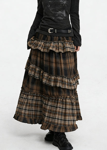 Vintage Coffee Ruffled Plaid Elastic Waist Cotton Skirts Spring