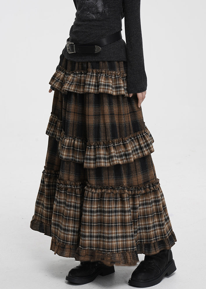 Vintage Coffee Ruffled Plaid Elastic Waist Cotton Skirts Spring