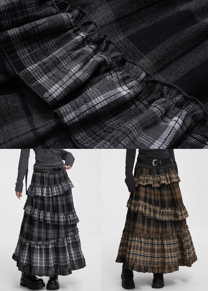Vintage Coffee Ruffled Plaid Elastic Waist Cotton Skirts Spring