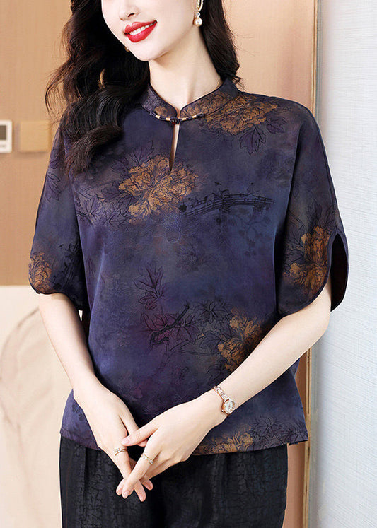 Vintage Kaffee Stehkragen Print Seidenhemd Tops Sommer