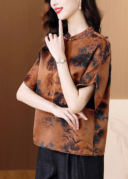 Vintage Kaffee Stehkragen Print Seidenhemd Tops Sommer