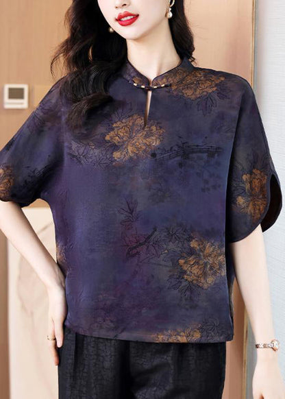 Vintage Kaffee Stehkragen Print Seidenhemd Tops Sommer