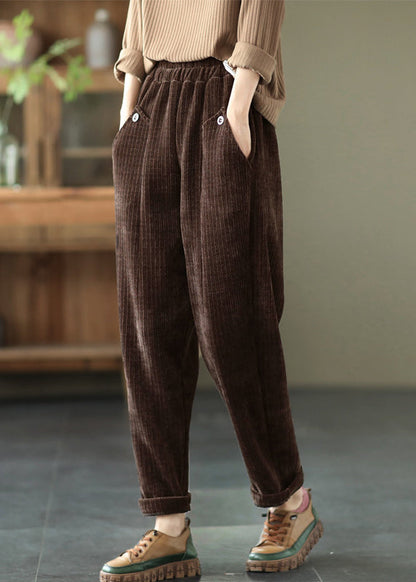 Vintage Chocolate Thick Button Pockets Straight Casual Fall Pants