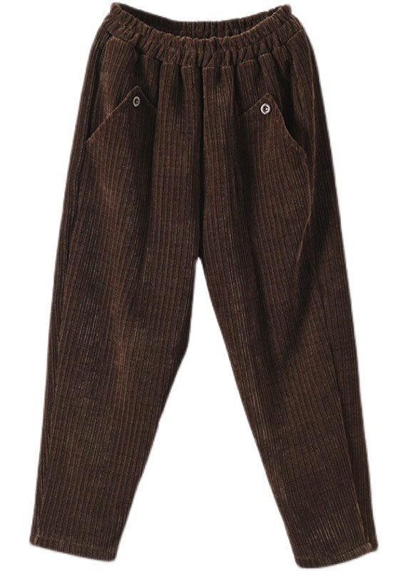 Vintage Chocolate Thick Button Pockets Straight Casual Fall Pants