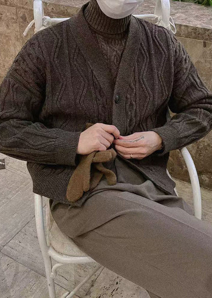 Vintage Coffee V Neck Button Cable Knit Men Coat Winter