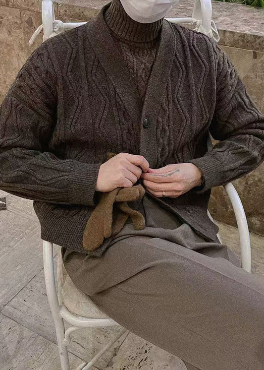 Vintage Coffee V Neck Button Cable Knit Men Coat Winter