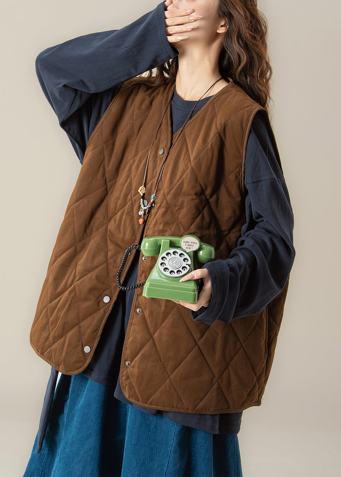 Zweiteiliges Set im Vintage-Stil mit V-Ausschnitt, Knopfleiste und Baumwollfüllung, ärmellos, Vintage-Kaffeebraun, einfarbig, ärmellos