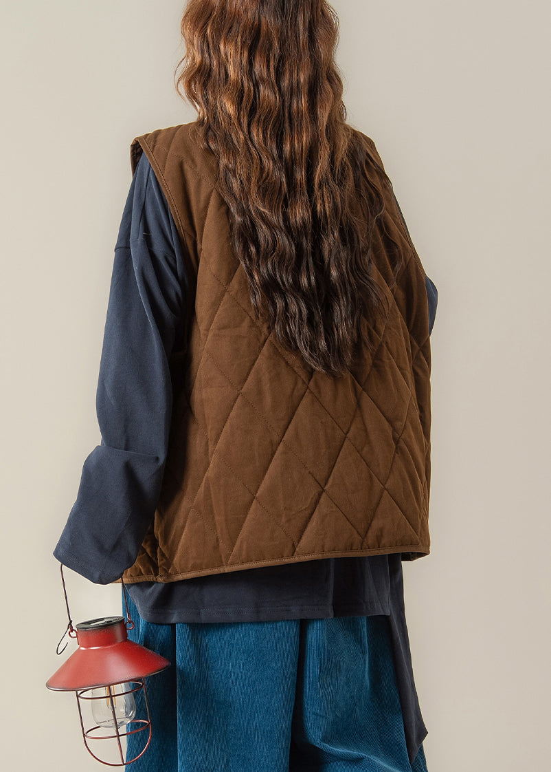 Zweiteiliges Set im Vintage-Stil mit V-Ausschnitt, Knopfleiste und Baumwollfüllung, ärmellos, Vintage-Kaffeebraun, einfarbig, ärmellos