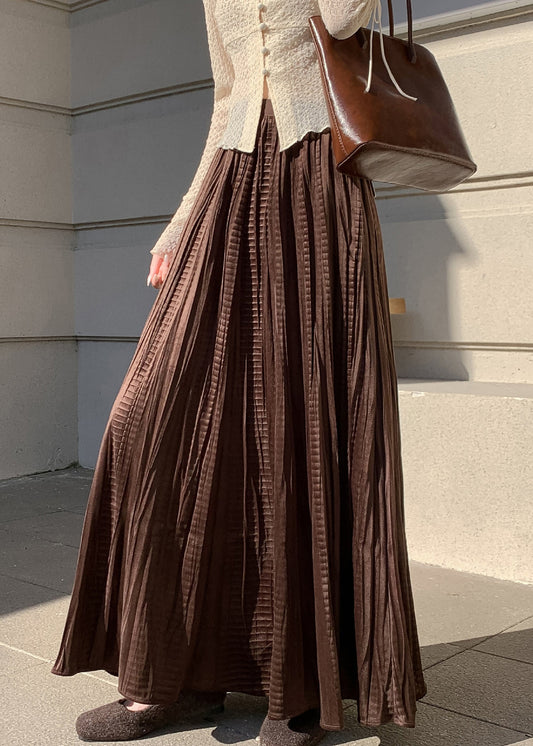 Vintage-Kaffee-farbener, knitteriger Seidensamtrock mit elastischem Bund für den Winter
