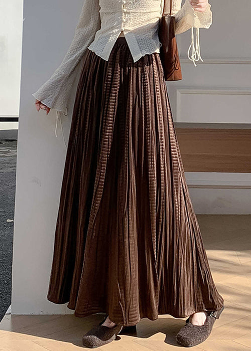 Vintage-Kaffee-farbener, knitteriger Seidensamtrock mit elastischem Bund für den Winter