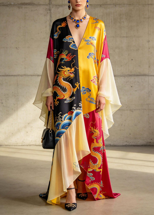 Vintage Colorblock Asymmetrical Patchwork Chiffon Dresses Batwing Sleeve