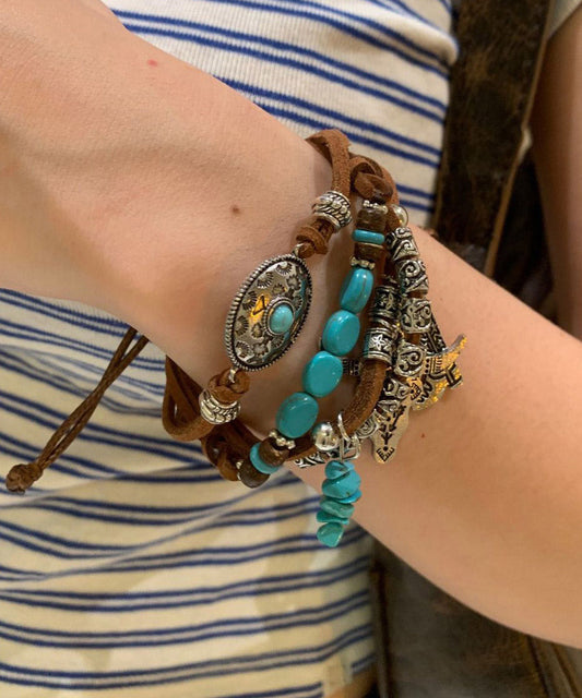 Vintage Colorblock Leather Beading Multi-Layer Charm Bracelet