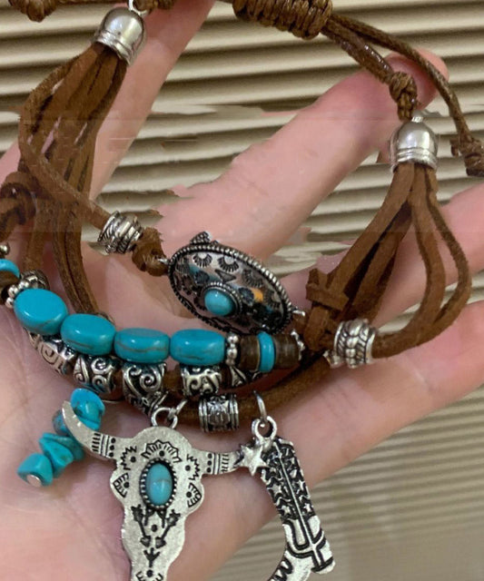 Vintage Colorblock Leather Beading Multi-Layer Charm Bracelet