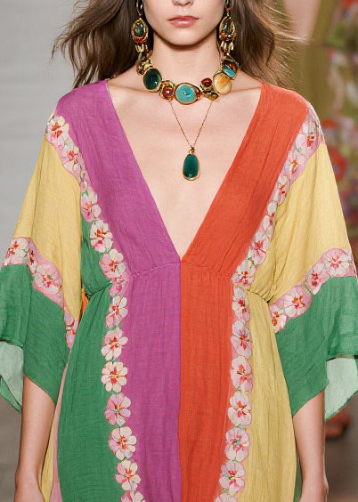 Vintage Colorblock Oversized Print Cotton Ankle Dress Summer