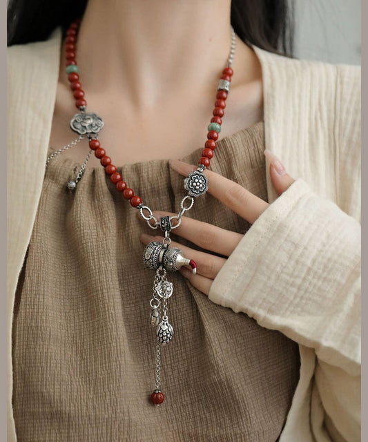 Collar con colgante de bola de calabaza y candado Ruyi de plata de ley con bloques de color vintage