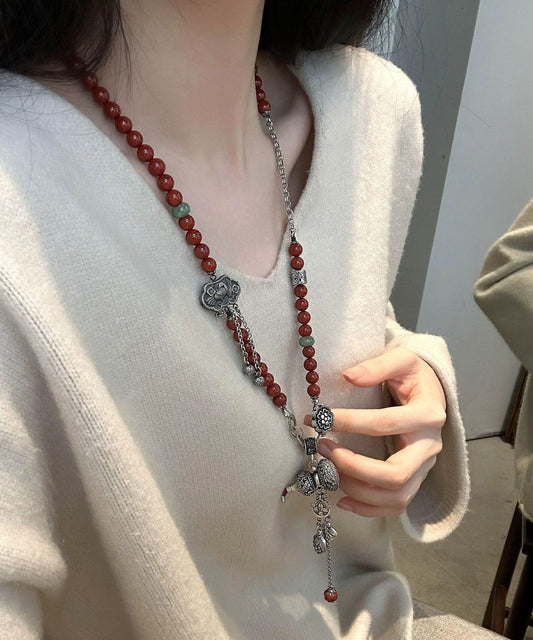 Collar con colgante de bola de calabaza y candado Ruyi de plata de ley con bloques de color vintage