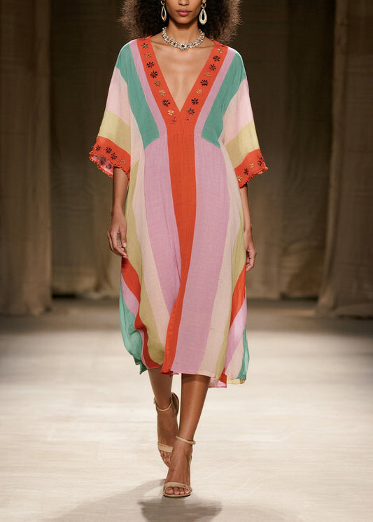 Vintage Colorblock V Neck Floral Cotton Dresses Summer