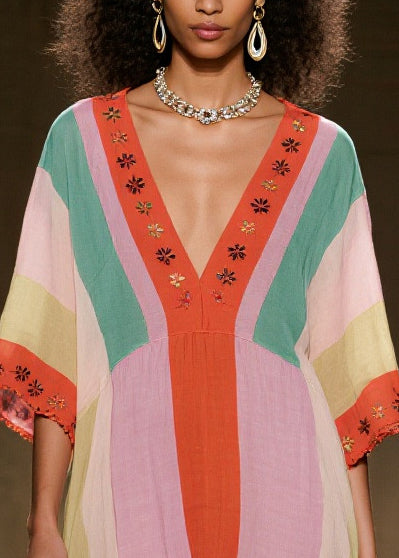 Vintage Colorblock V Neck Floral Cotton Dresses Summer