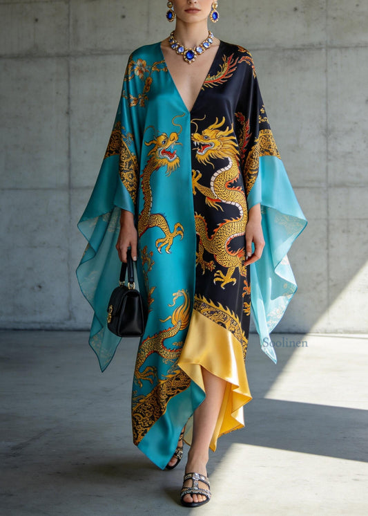 Vintage Colorblock V Neck Oriental Print Chiffon Long Dress Summer