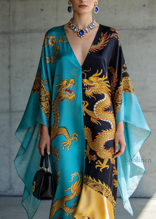 Vintage Colorblock V Neck Oriental Print Chiffon Long Dress Summer
