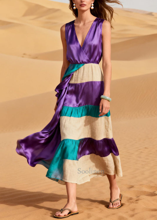Vintage ColorblockC Asymmetrical Patchwork Linen Silk Maxi Dresses Summer